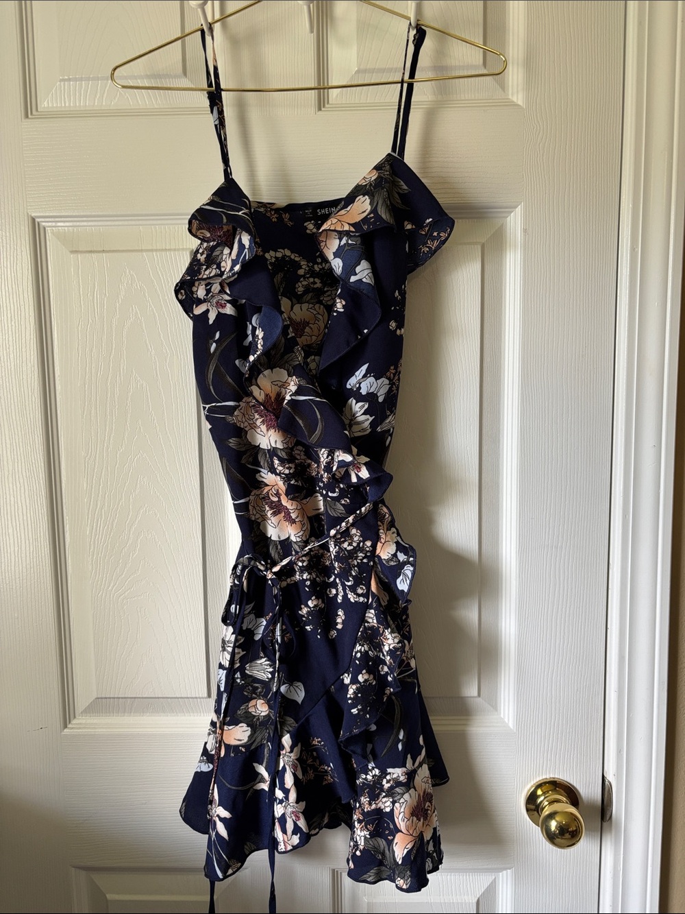 SHEIN Navy Floral Wrap Dress Size Medium | Ruffle Mini Dress | Adjustable Straps